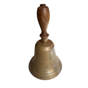 School or Dinner BELL Bronze 10" ANTIQUE Turned Wood Handle c1920s